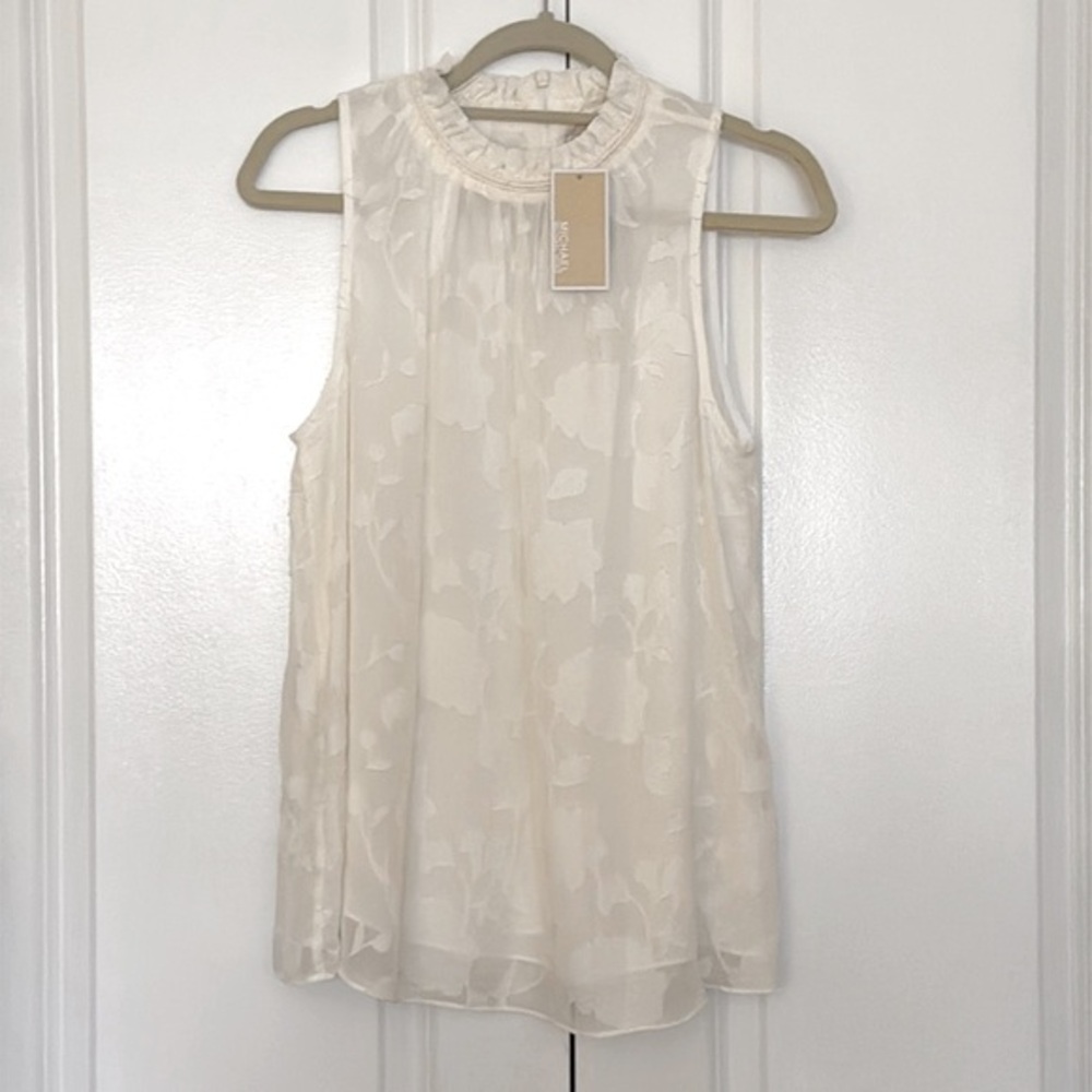 NWT Michael Kors White Cream Floral Lace Sleeveless Top Ruffle Neck Romantic! L